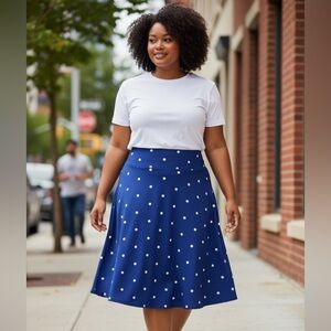 LuLaRoe Blue & White Polka Dot A-Line Flared Midi Skirt Skater Style Size 2XL